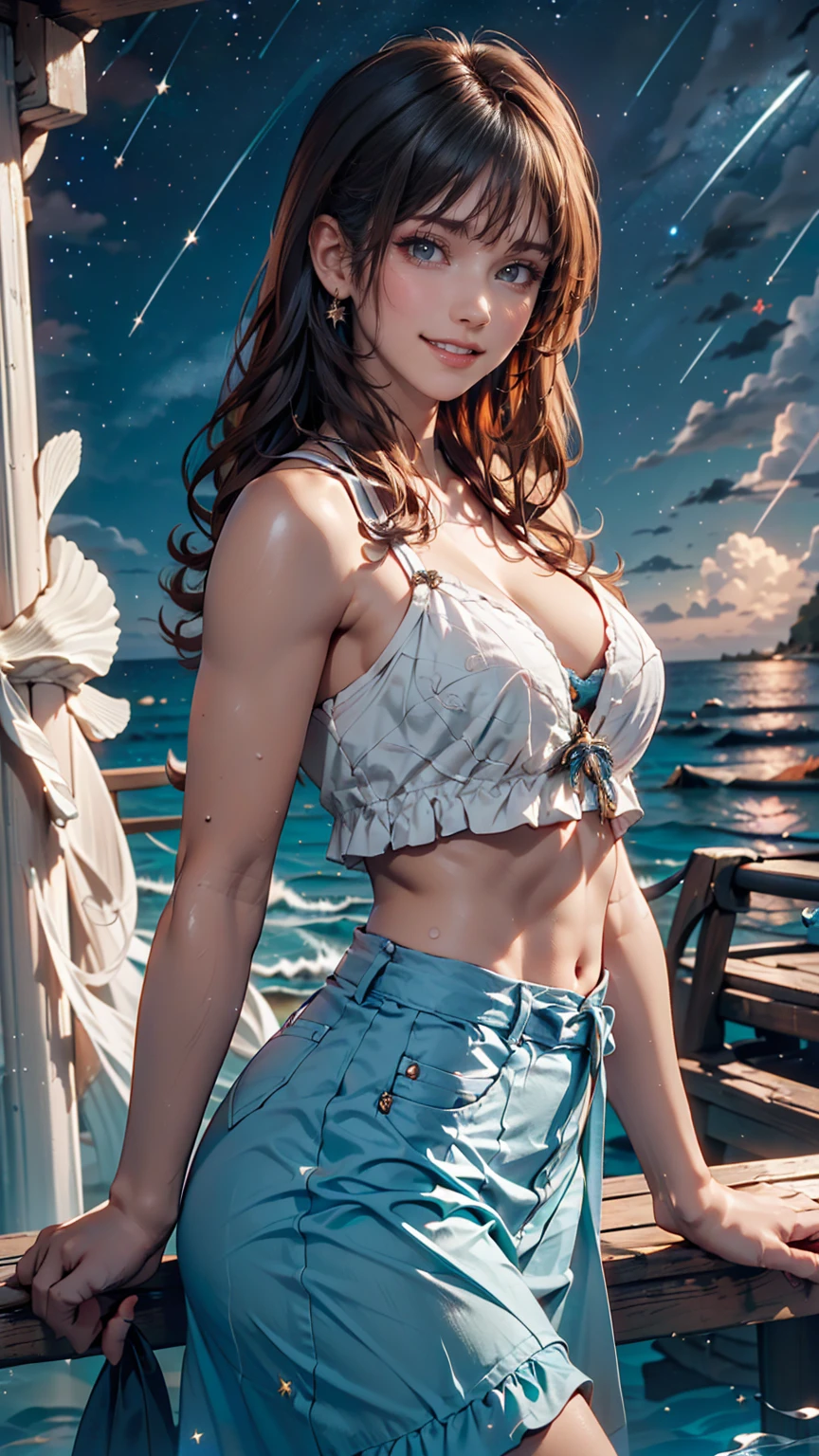 ((masterpiece,Highest quality, detailed)), Cowboy Shot, (One girl:1.2), alone, (Captivating smile:1.3), chest, Are standing, View your viewers, (Ocean:1.3),(Starry Sky:1.3) , 、Sexy proportions、Narrow waist、Vertical roll on one side((side drill))