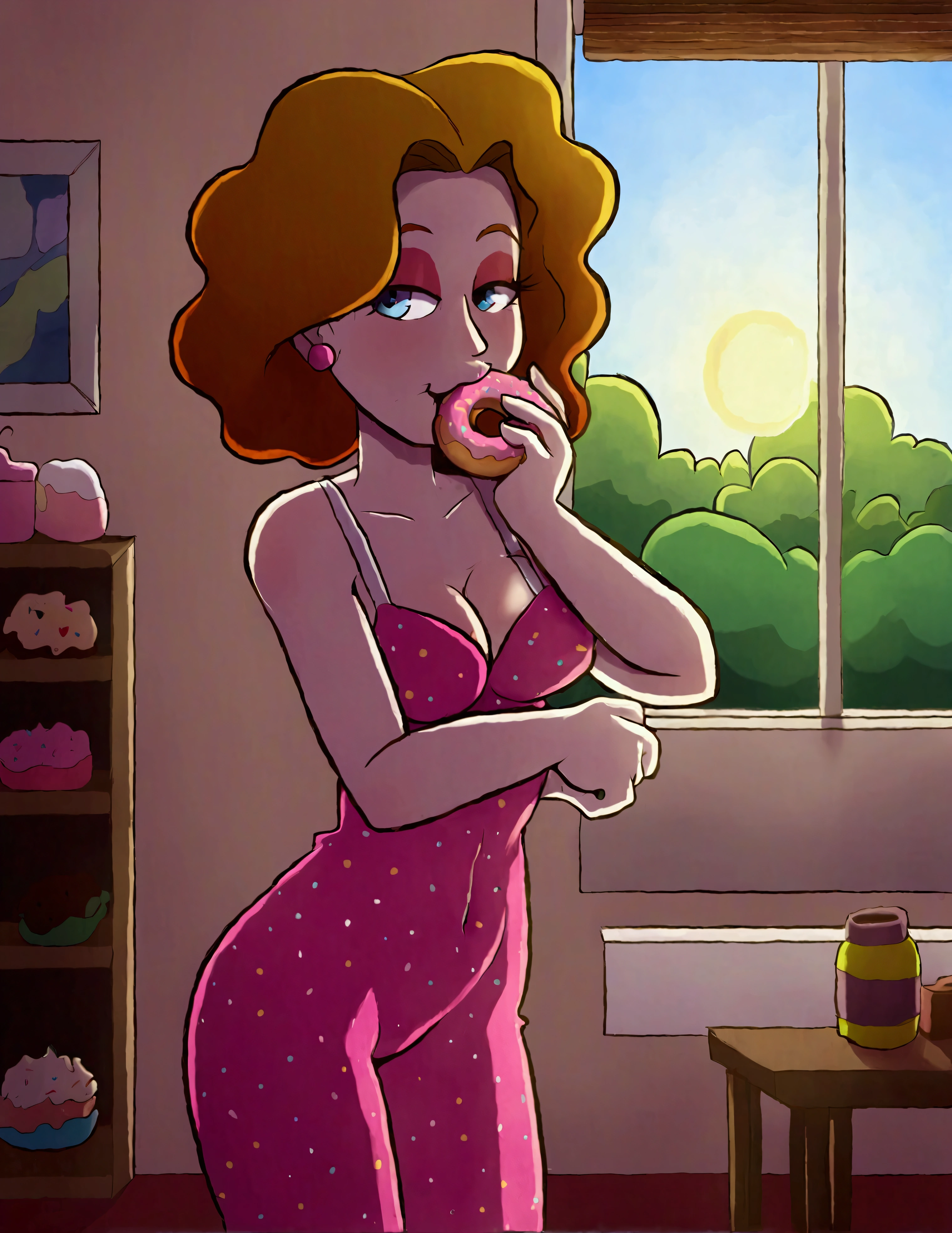 Marilyn Monroe, sexy outfit, eating a donut crumbs fallen on her breasts, morning sun. dining room with many large windows