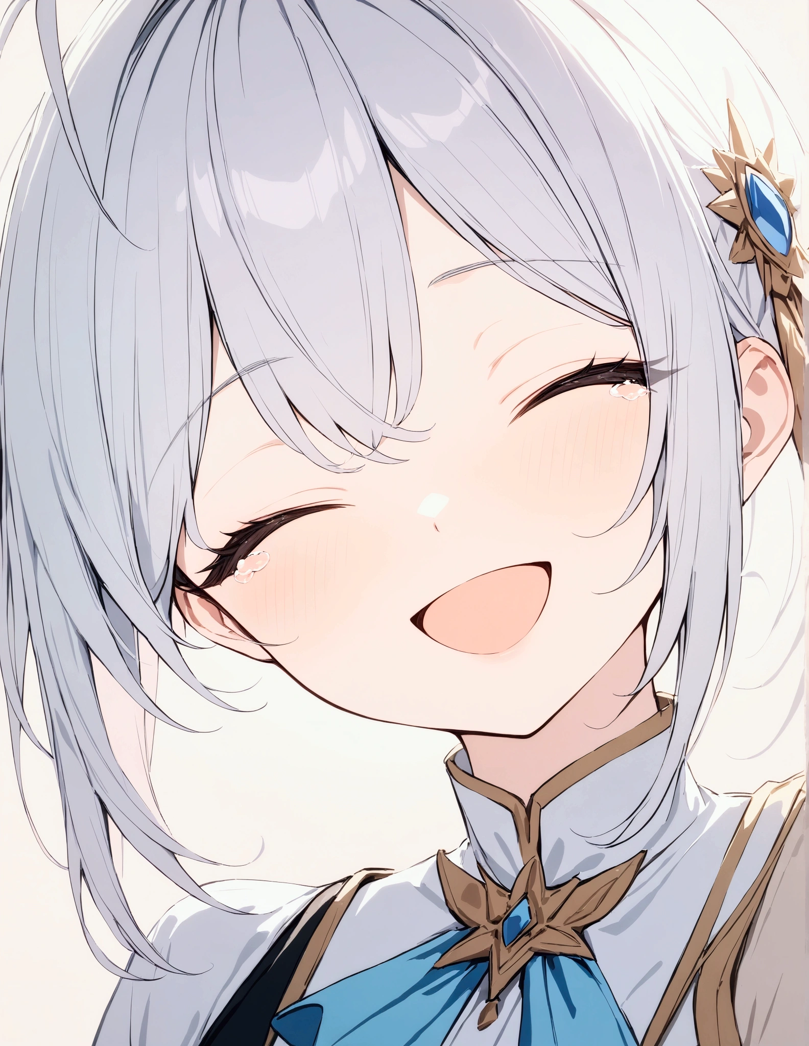 (uhd), (masterpiece:1.2), best quality, highres, award winning, high details,(Very absurd:1.2),4K quality,8K quality,Beautiful work、((hazy))、(Pale colors),from front、focus on face、Infectious laughter、Tears of joy、Smile and cry、antenna hair,Close ~ eyes,Light Pink Background,((Cherry blossom petals falling))、Say goodbye with a smile