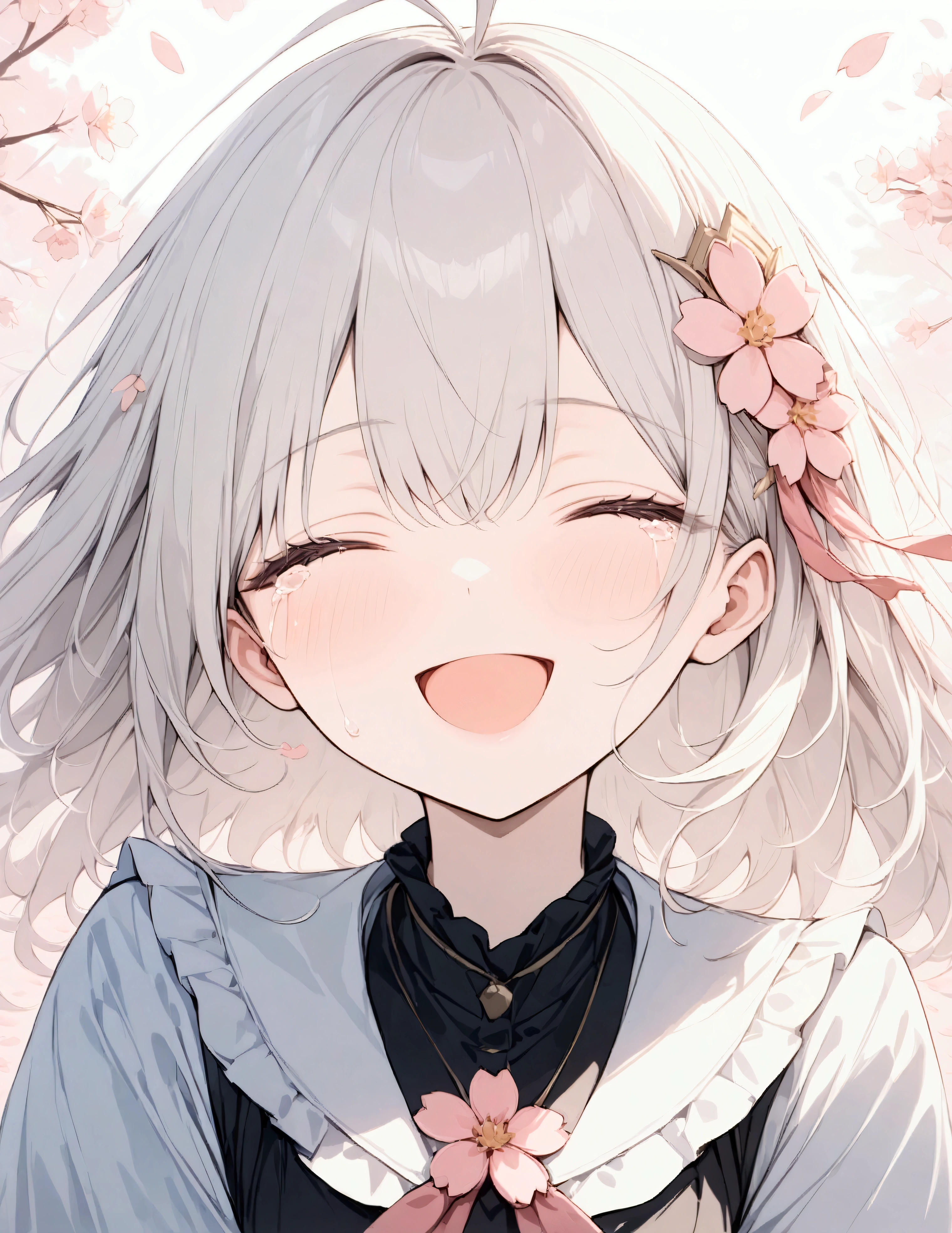 (uhd), (masterpiece:1.2), best quality, highres, award winning, high details,(Very absurd:1.2),4K quality,8K quality,Beautiful work、((hazy))、(Pale colors),from front、focus on face、Infectious laughter、Tears of joy、Smile and cry、antenna hair,Close ~ eyes,Light Pink Background,((Cherry blossom petals falling))、Say goodbye with a smile