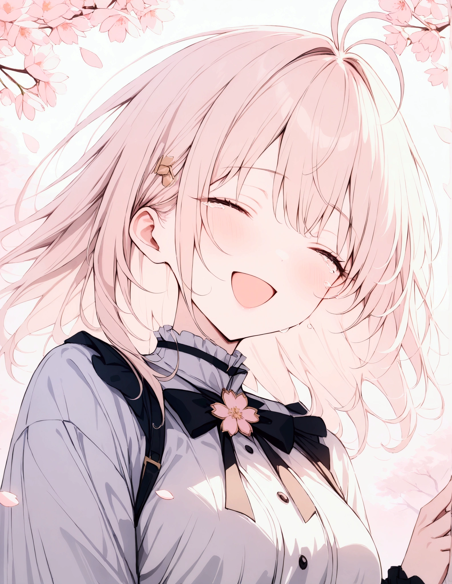 (uhd), (masterpiece:1.2), best quality, highres, award winning, high details,(Very absurd:1.2),4K quality,8K quality,Beautiful work、((hazy))、(Pale colors),from front、focus on face、Infectious laughter、Tears of joy、Smile and cry、antenna hair,Close ~ eyes,Light Pink Background,((Cherry blossom petals falling))、Say goodbye with a smile