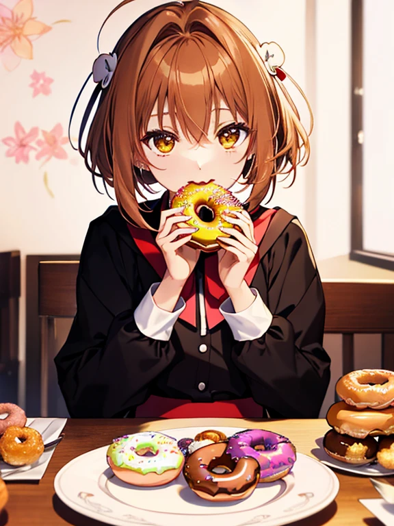 (Eating Donuts), (Dining background), Card Captor Sakura_Sakura Kinomoto, uhd, retina, masterpiece, ccurate, anatomically correct, textured skin, super detail, high details, high quality, best quality, highres, 4K