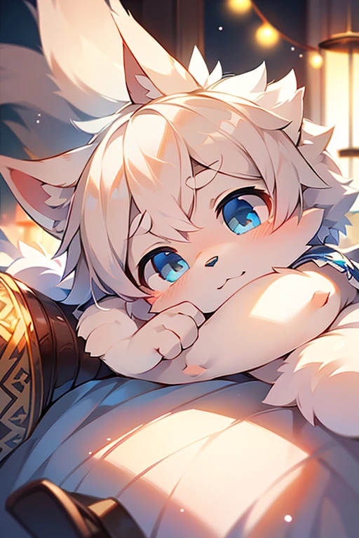 （(shy)），short white haired,( big blue eyes),anthropomorphic sitting furry little wolf,((full body furry)), cute,(head bust close-up),Beautiful lights and shadows,delicate eyes,were white skirt，8k, highres, masterpiece, usharp focus, extreme detail description, professional, vivid colors, bokeh