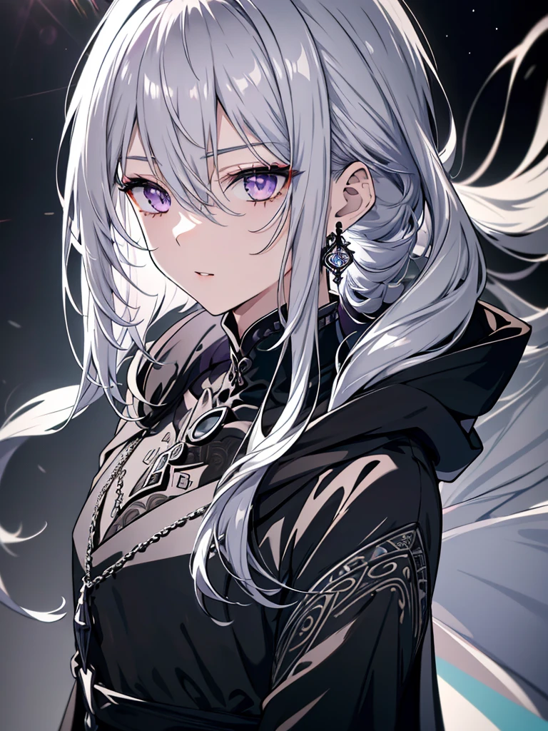8k,High resolution RAW color art,Anime Art, (((Very detailed and cool))), Detailed skin, Blur、texture,(Exquisitely crafted, The finer details, Ultra-detailed art), (((One boy))), Depth of written boundary, Silky Touch, Hyper Detail, (((Cool face))), eye shadow、Silver Marble Skin, Beautifully detailed purple eyes, Beautiful lip detail, Very delicate face, Delicate depiction of hair and eyes, Detailed Fashion, Silver earrings,Silver Bracelet、Full body depiction, Black high neck、black waist cloak、 A little bit of grey hair、Semi-long hair、(((Hair)))、water surface、silk clotheatte、Soft clothes、cool、Food、Wear warm clothes、Halo、Black Straight Sword