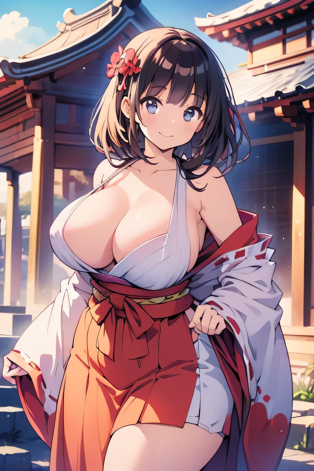 Anime illustration、Youth Manga Style、High resolution、Fantasy、Close-up of a person、A voluptuous shrine maiden greets visitors with a smile at a shrine where a refreshing breeze blows.、Perfect proportions、Cowboy Shot、Huge