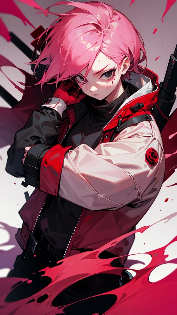 Pink hair, bloody face, black eyes, jacket, red hands, hands sign, facing forward