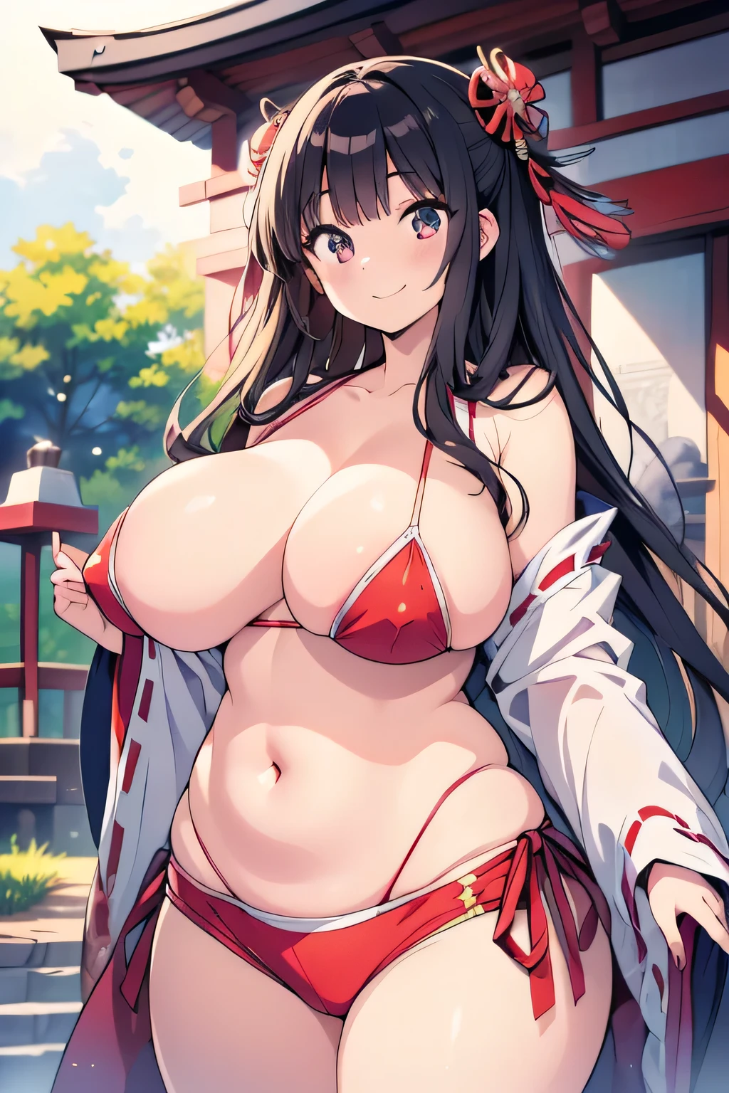 Anime illustration、Youth Manga Style、High resolution、Fantasy、Close-up of a person、A voluptuous shrine maiden greets visitors with a smile at a shrine where a refreshing breeze blows.、Perfect proportions、Cowboy Shot、Huge 