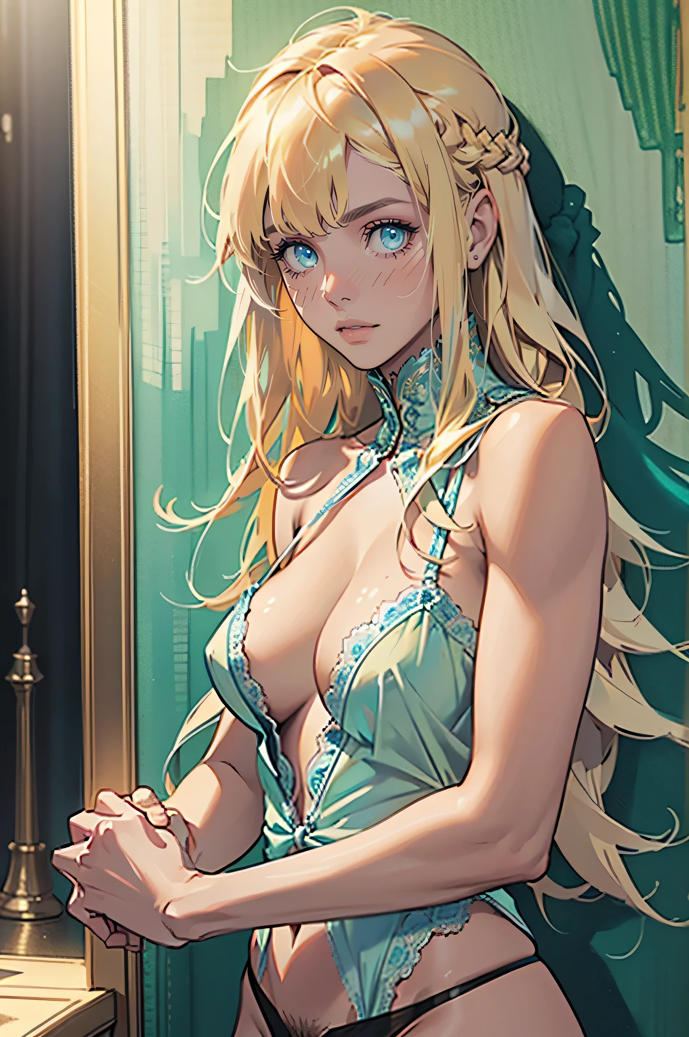 Photorealistic:1.5, Beautiful woman , extremely long hair , blonde hair , green eyes , (masterpiece:1.3), (best quality:1.3), high-resolution, watercolor pencil, Head-on angle, upper body, Body facing forward, (arms at sides:1.3), solo, blue eyes, beautiful detailed eyes, naked:1.5, thong panties:1.5, pubic hair, concept art, shadow lighting, beautiful detailed glow, best illuminate, (((best quality, textile shading, ultra detailed))), extremely detailed CG unity 8k wallpaper, Highly Detailed beautiful and aesthetic, best light, high resolution, detailed, dynamic lighting, 1Character, pastel washed out colors , cell shade , soft, muted shades ,gentle colors , breast pump:1.5