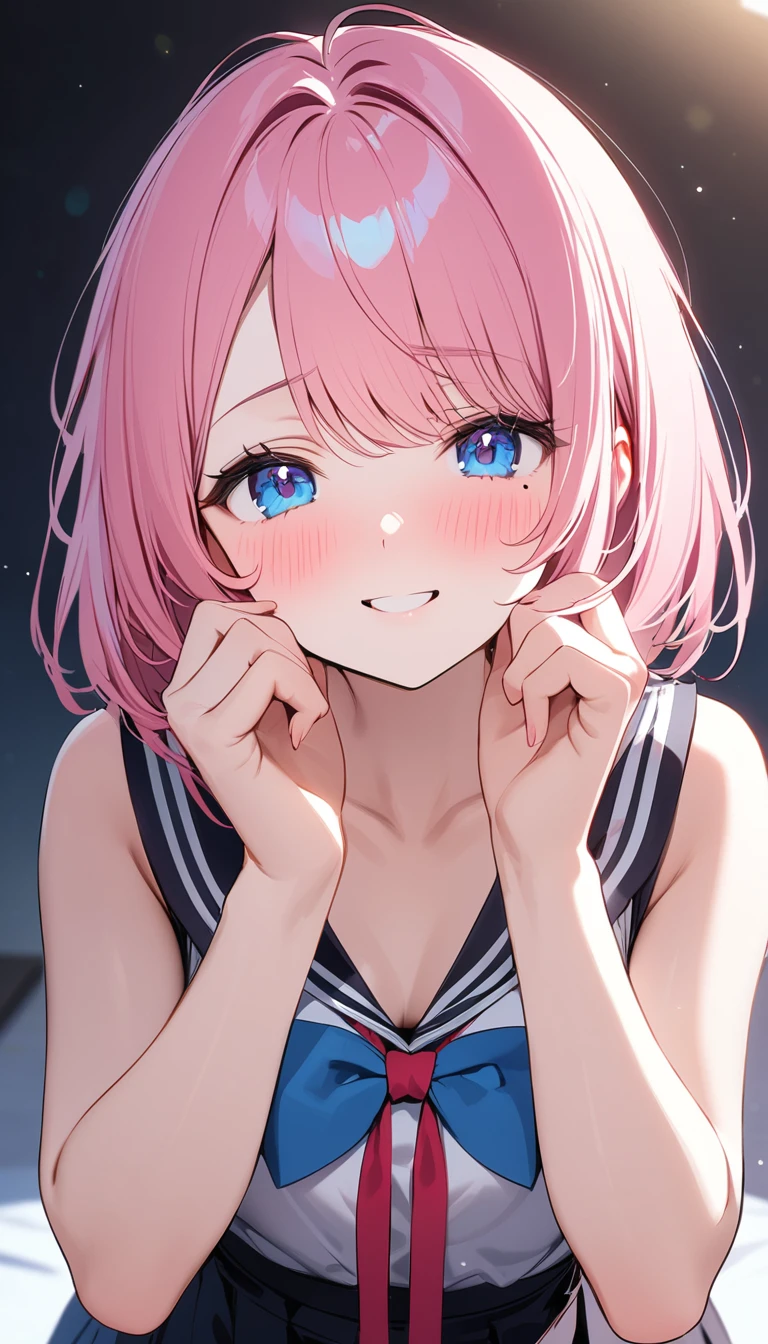 (1 girl),(Best Picture Quality, 8K, Masterpiece:1.3), (high school student:1.5), ((pink lob hair:1.1)), (bob cut),(swept bangs), (cute eyes, pupil black, iris skyblue, youthful face), (mole under right eye), (standard weight), (small breasts),(big hip), (glistening skin:1.1),(pale skin:1.2),(hands covering face with fingers slightly apart), fingers slightly open, looking at viewer through fingers, blushing, shy smile, 