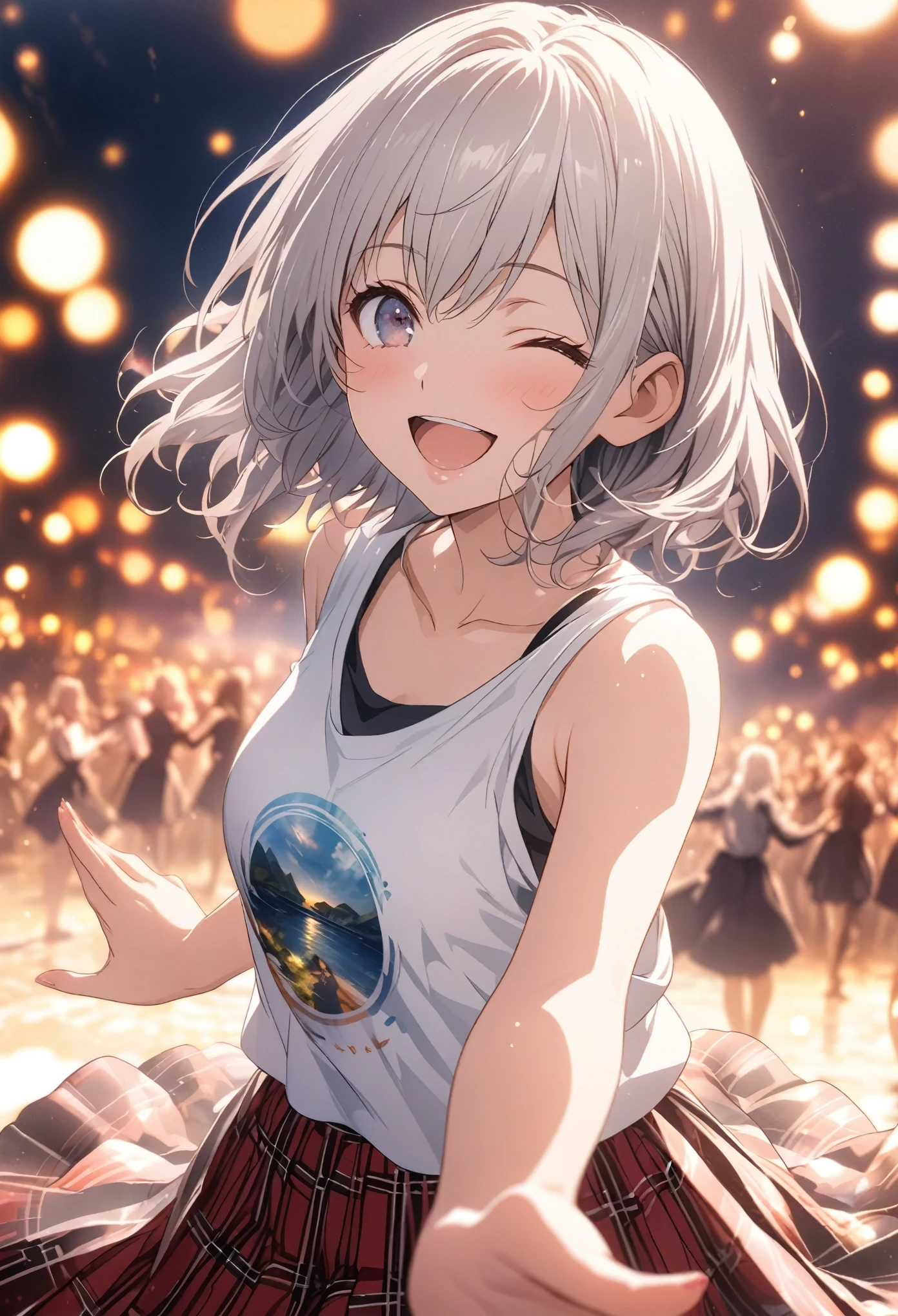 masterpiece, Highest quality, Highly detailed CG Unity 8k wallpaper, High School Girl Anime Illustration. Wear an oversized tank top, She is wearing a red and black checked skirt., Koi Dance, Point the index fingers of both hands, she has her eyes closed and mouth open, smile. Silver Hair, black eye, twins, Bokeh Photo, (Soft Focus):1.2, Out of focus highlights, Dreamy atmosphere, Glowing circle, Fascinating Depth, The background is a realistic landscape
