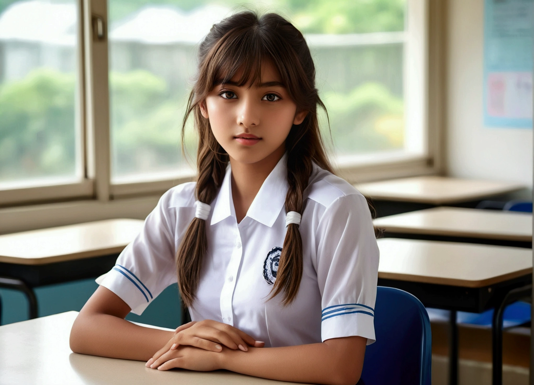Portrait of a young Indian high school girl, Desks in the classroom,Chair,window, A high school girl wearing a white summer blouse uniform,(Detailed skin:1.2),(Glowing Skin:1.1),Highest quality, masterpiece, Ultra-high resolution,(Realistic:1.4), RAW Photos,(Soft Saturation:1.3),(Fair skin:1.2), One Japanese idol,Thin lips, Brown eyes, (View your viewers), 16 years old, Detailed face, Perfect female body, Her semi-long hair is tied behind both ears,Hair swaying softly in the wind, Asymmetrical bangs, Light brown hair, 非常にDetailed face,Large Breasts,whole body,Knee-length skirt,Legs wide open,