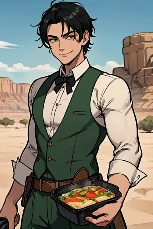A muscular black haired man with green eyes in a sheriff's outfit is making lunch in the desert of a wild west town with a smile