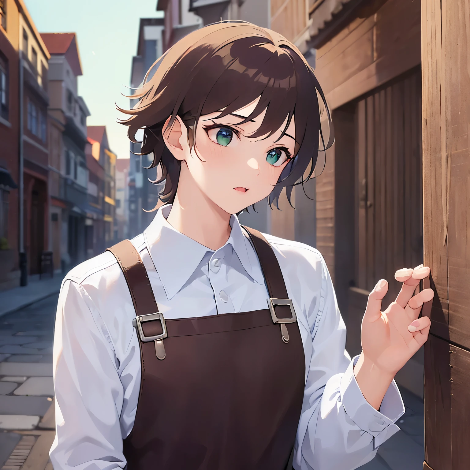 (looking away:1.5),upper body、open hands,
masterpiece、Highest quality、
BREAK (25-year-old male:1.5) and (Mahogany brown short hair) and (Green Eyes)
BREAK (white collared shirt) 、apron、
confused、open mouth,The background is a back alley at night、(Night Sky:1.5)、alone、Upper body is shown