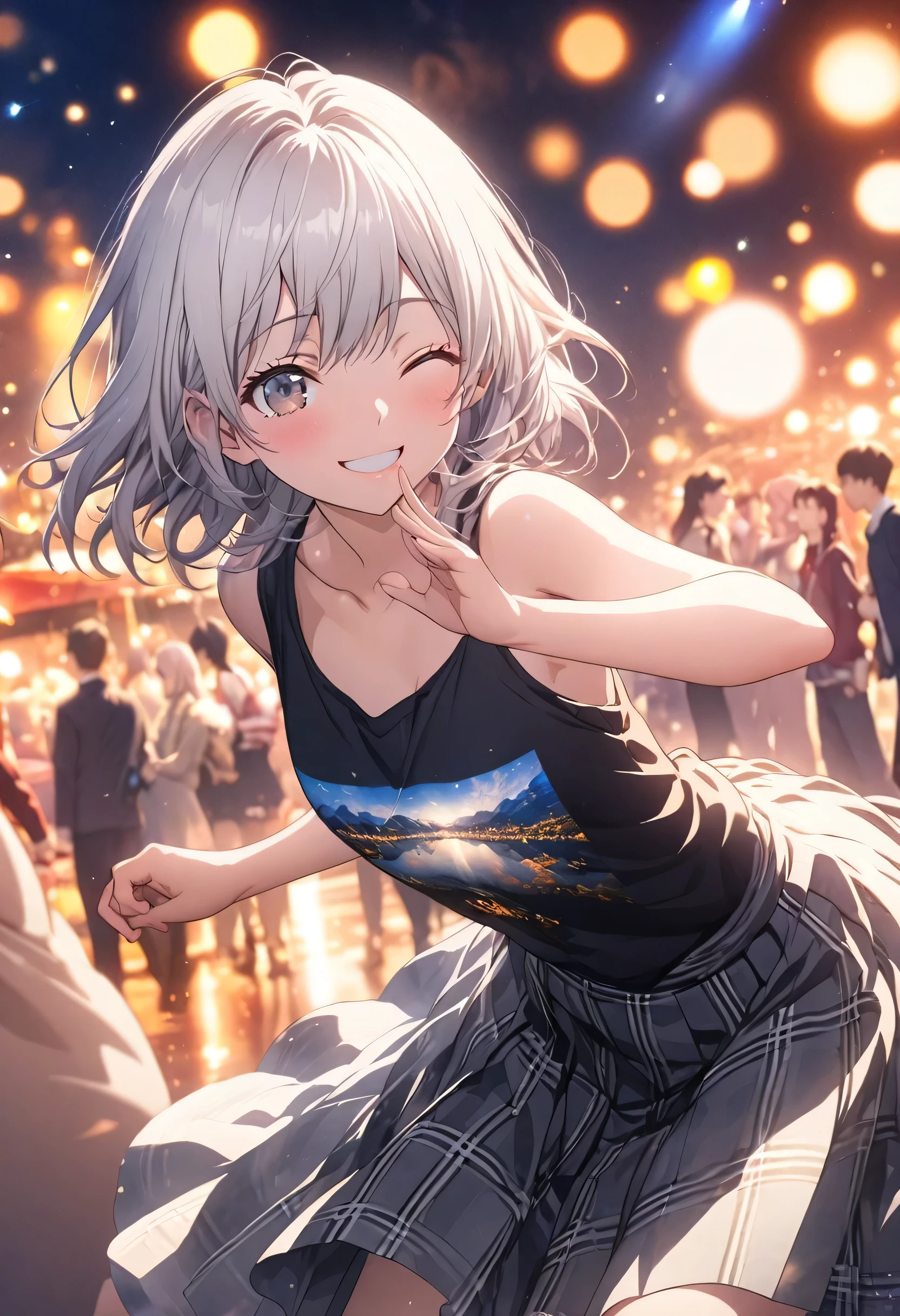 masterpiece, Highest quality, Highly detailed CG Unity 8k wallpaper, High School Girl Anime Illustration. Wear an oversized tank top, She is wearing a red and black checked skirt., Koi Dance, Point the index fingers of both hands, she has her eyes closed and mouth open, smile. Silver Hair, black eye, twins, Bokeh Photo, (Soft Focus):1.2, Out of focus highlights, Dreamy atmosphere, Glowing circle, Fascinating Depth, The background is a realistic landscape