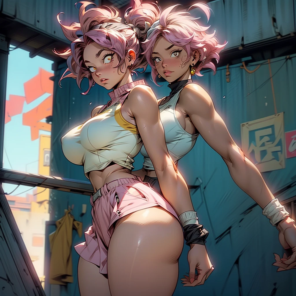 (((2girls))), great aesthetics, ((My Hero Academia)), MINA ASHIDO, voluptuous, gorgeous, attractive, stunning, ((pink_hair)), ((pink_skin)), ((yellow_eyes)), ample hips, insanely detailed accentuated big booty, wearing Victorian laced lingerie, thick thighs, highly detailed, highest quality, ((masterpiece illustration)), 
MOMO, Asian, highly gorgeous, attractive, voluptuous, large_breast, ample hips, insanely detailed accentuated big booty, wearing tennis attire, ((masterpiece, best-quality, ultra_detailed)), beautiful artwork, immersive background, volumetric lighting, 8k uhd, cinematic atmosphere