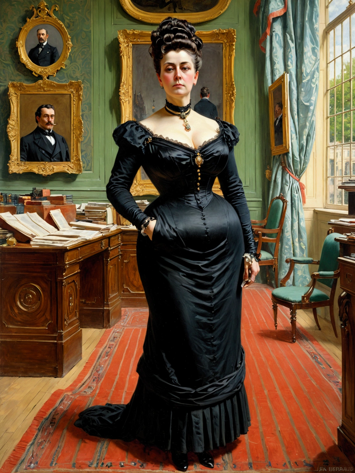 Full-length view, a tall, buxom, full-figured, pretty Victorian mature widow in a black dress and opulent updo hairstyle, standing in a Victorian office looking strict, by Jean Béraud, inspired by Jean Béraud, inspired by Édouard Detaille, edouard leon cortes, inspired by Ivan Kramskoi, inspired by Jean-Louis-Ernest Meissonier, by Édouard Detaille, inspired by Paul Émile Chabas