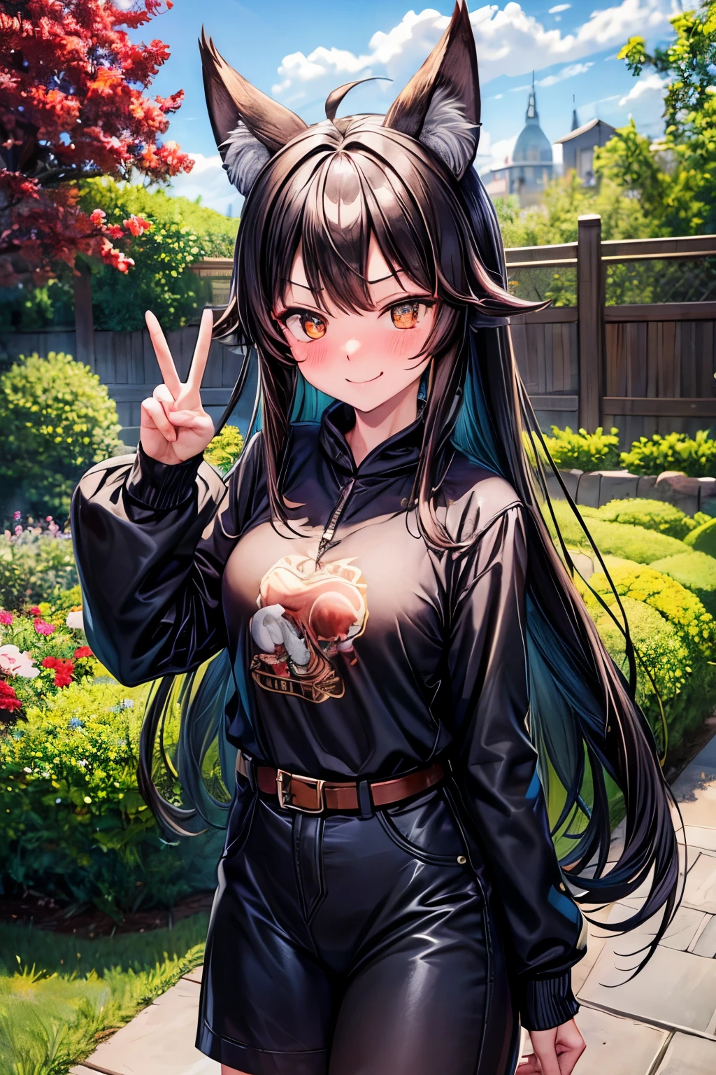 black hair, messy hair, bell, dragon horns, glaring, happy, wolf ears, smiling, shy, embarrassed, blush, tsundere, ************, cowboy shot, peace sign hands, garden, 8k, masterpiece