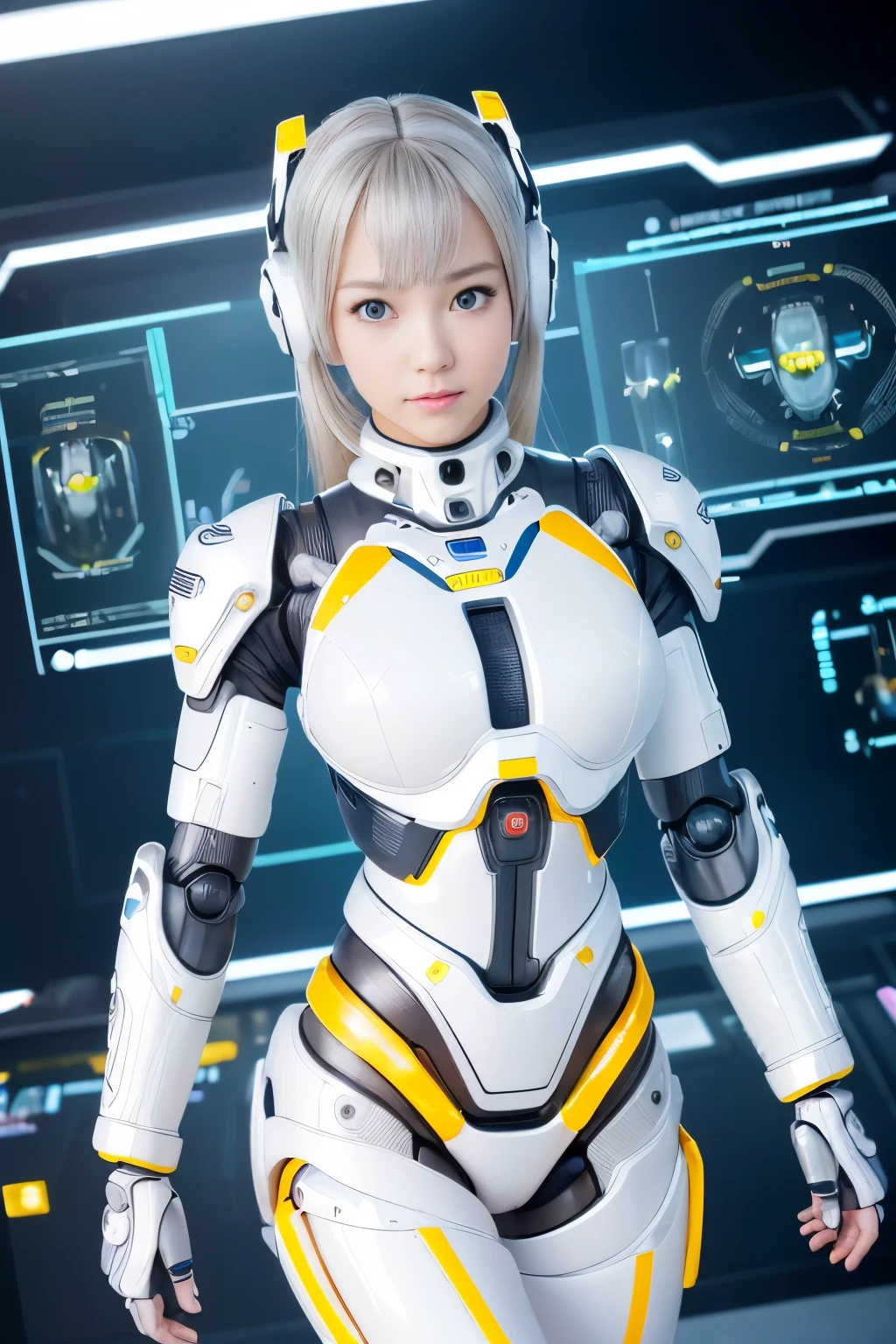 (highest quality, High resolution, masterpiece:1.2), Super detailed, realistic:1.37, (perfect anatomy),1 girl, actress, cowboy shot, Cute and beautiful Japanese girl body,super cute face, (Modified into a cyber robot),standing posture,laughter,beautiful eyes,beautiful skin,,(Futuristic and cute white and yellow satin cyber robot suit), attractive idol makeup,tied black hair，cute pose,The background is the interior of the cyborg operating room and the monitor screen..