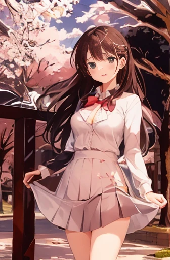 masterpiece, Highest quality, High resolution, Very detailed, Detailed Background, Cinema Lighting, 1 girl, cute, Large Breasts , Skirt Lift, Public indecency, Looking at the audience, building, Outdoor, cherry blossoms,(Open the shirt、A plain white bra is visible.:1.5)