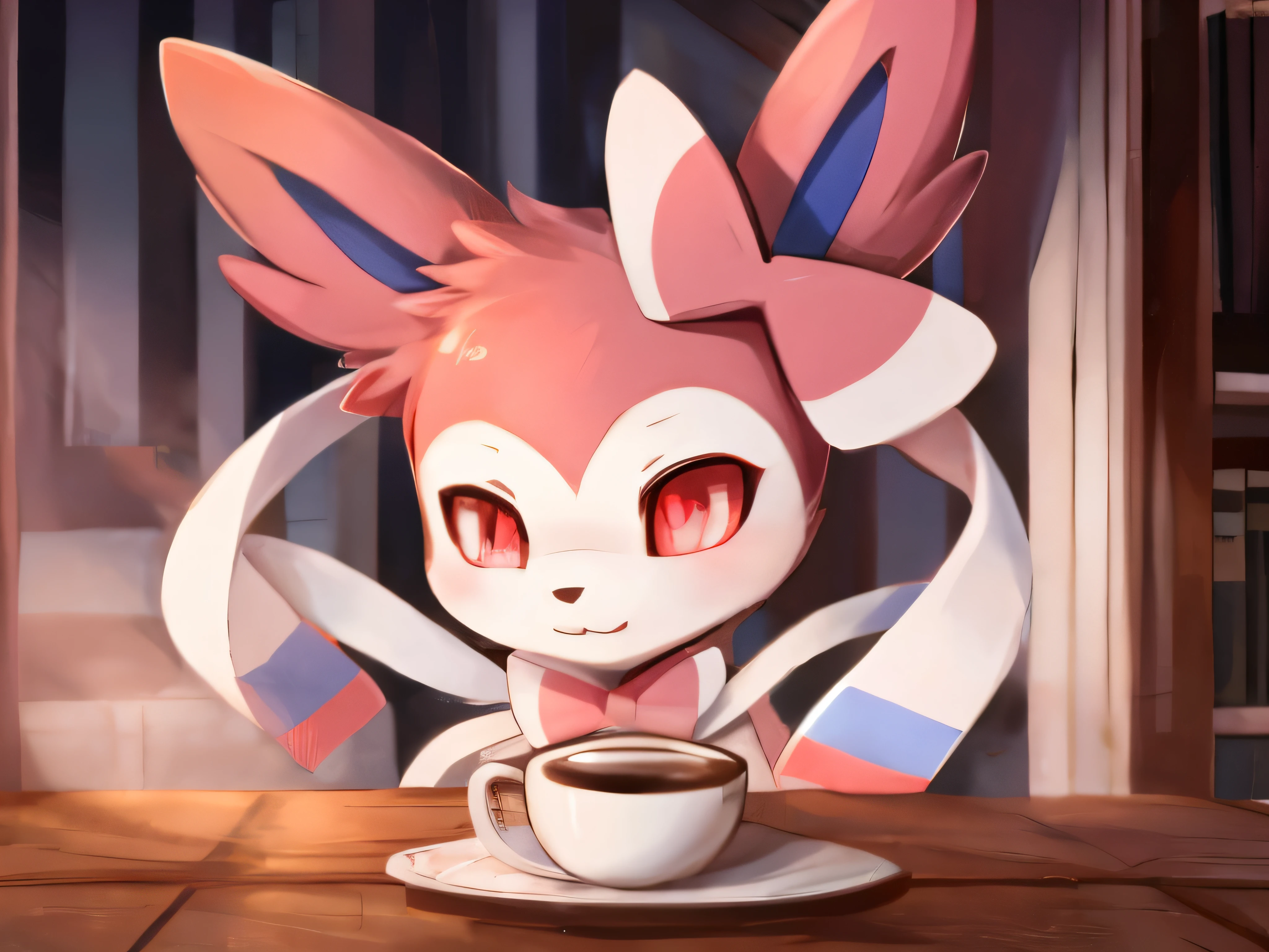 A feral Sylveon drinking a cup of coffee with long ribbons of glowing red eyes