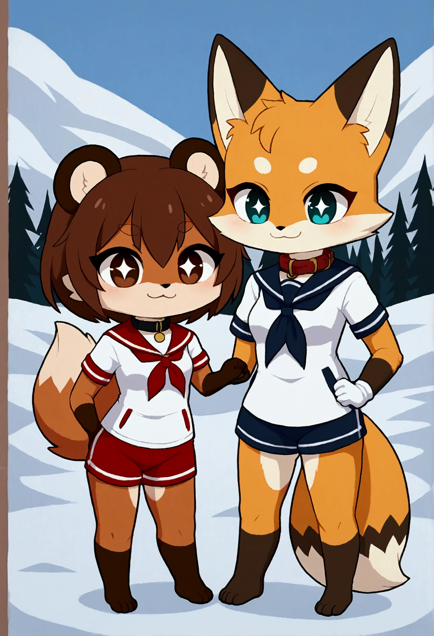2girls, fox and tanuki, furry, bodyfur, tail, collar, sailor suit, short sleeves, jersey pants, long pants, white gloves, barefeet, chibi, sparkling eyes, full body, snow