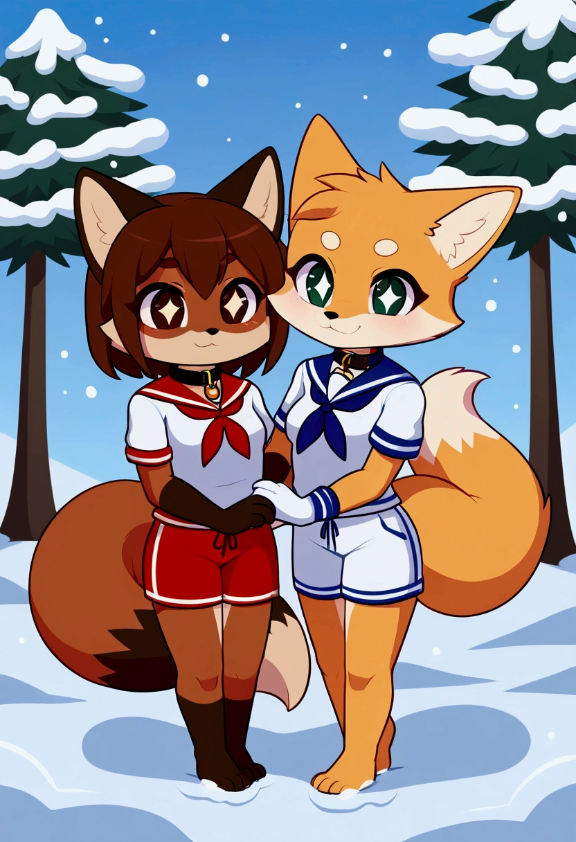 2girls, fox and tanuki, furry, bodyfur, tail, collar, sailor suit, short sleeves, jersey pants, long pants, white gloves, barefeet, chibi, sparkling eyes, full body, snow