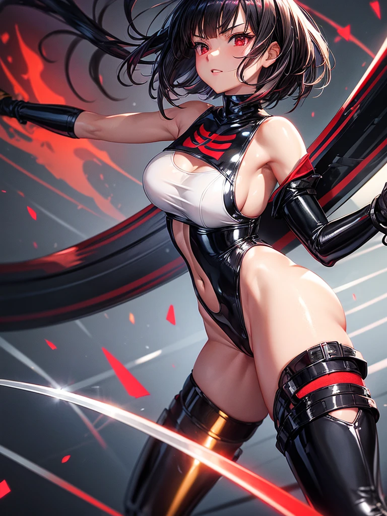 solo girl,Glossy metalic light silver tank top, tight latex shiny, Red interpolation color,Black hair bob,red eyes, camel toe, Samurai Sword,
Lift one leg, sexy lady, โชว์กางเกงใน girl,