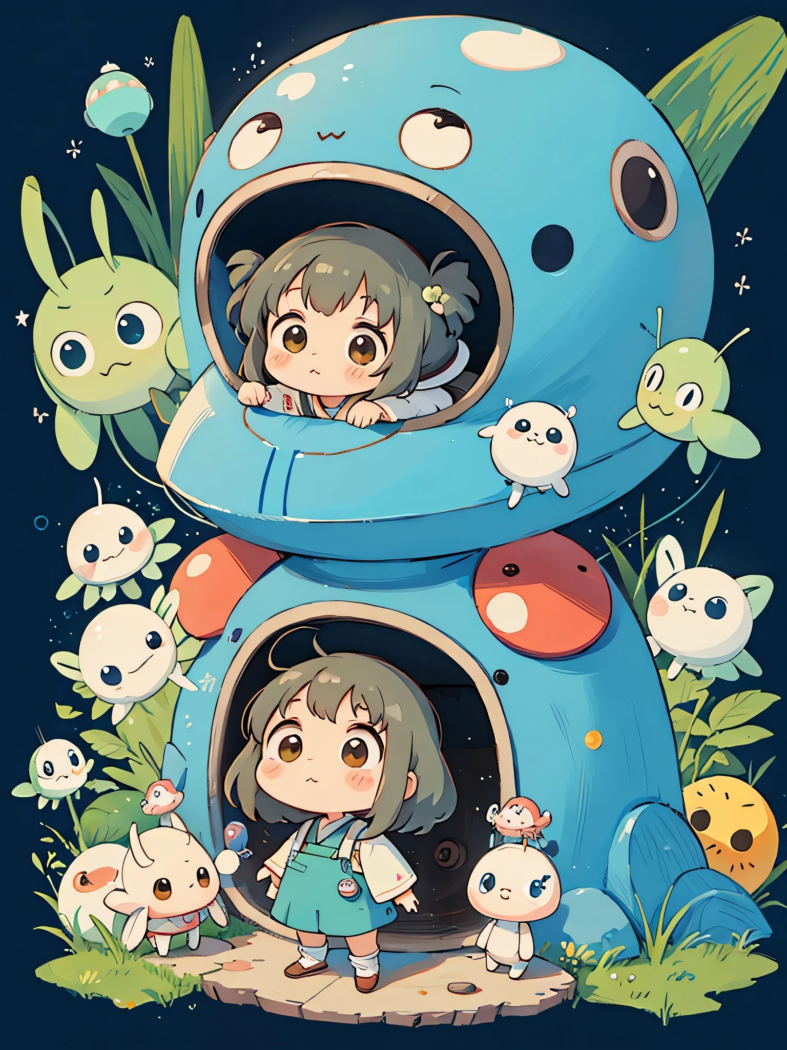hayao miyazaki style, Kawaii Design, The most beautiful girl of all time、chibi, (((Cute Aliens))) , Mars exploration