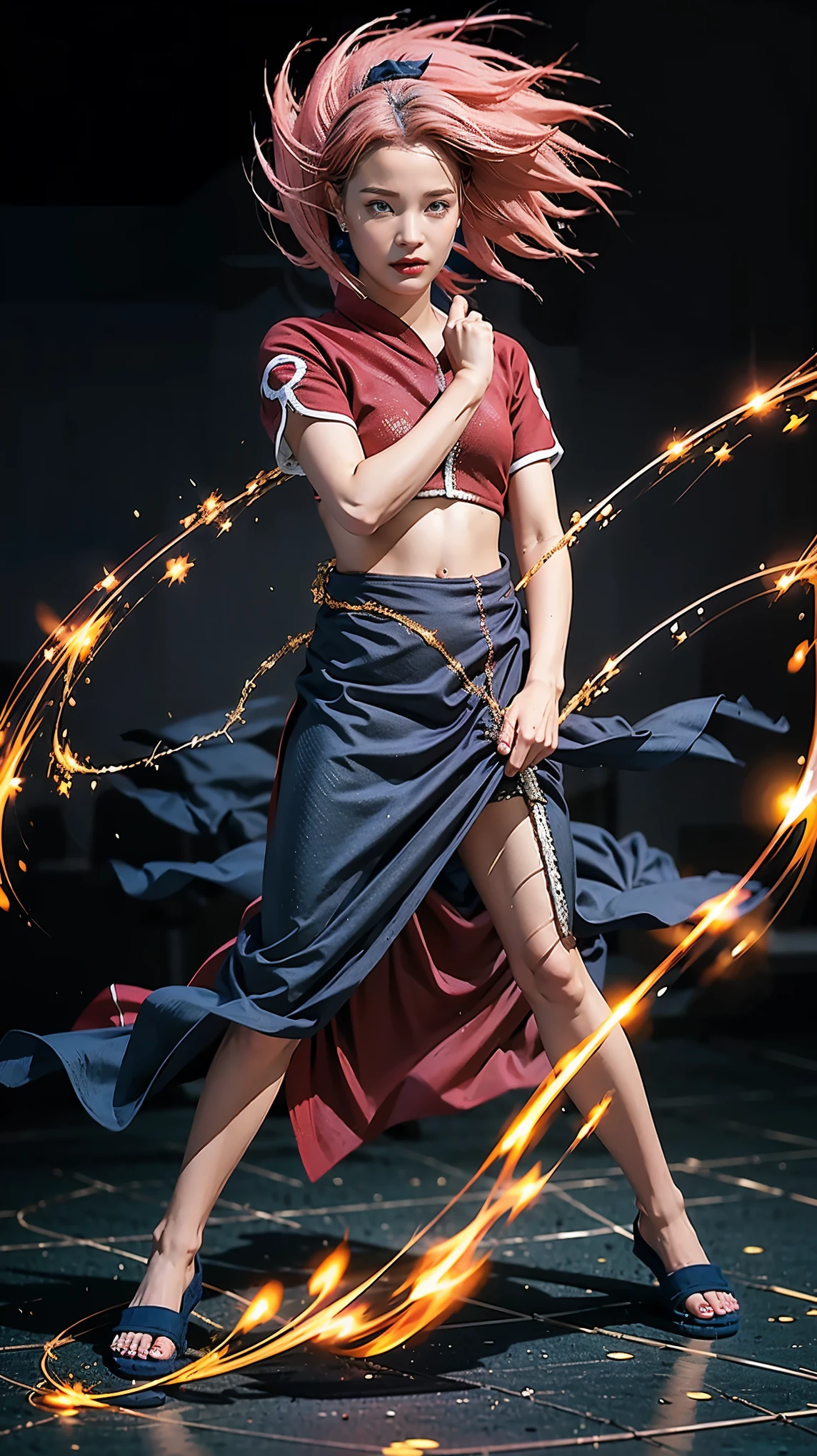 Moisturized skin,Realistic body,(Adult female body),Energetic,(16 years old),(Girl),,Crop top,,Collarbone,Earrings,
BREAK,
Bright red lipstick,(Beautiful navel),(Pink hair),Beautiful hair,Short hair,
BREAK,
((Masterpiece+Top quality+High resolution+Very detailed)), (Full body:1.2),Symmetrical,One shot,
BREAK,
(Wind blowing),(Covered in blue electricity),(Battle stance:1.4),
BREAK,
Assassination,,Fantastic,Dynamism,Very tight leggings,((In the middle of a war, Battle stance),((Fires everywhere, Bloody, Death is everywhere, Corpses, Corpses, Burned down Japanese castle,Hellish,Chaos),