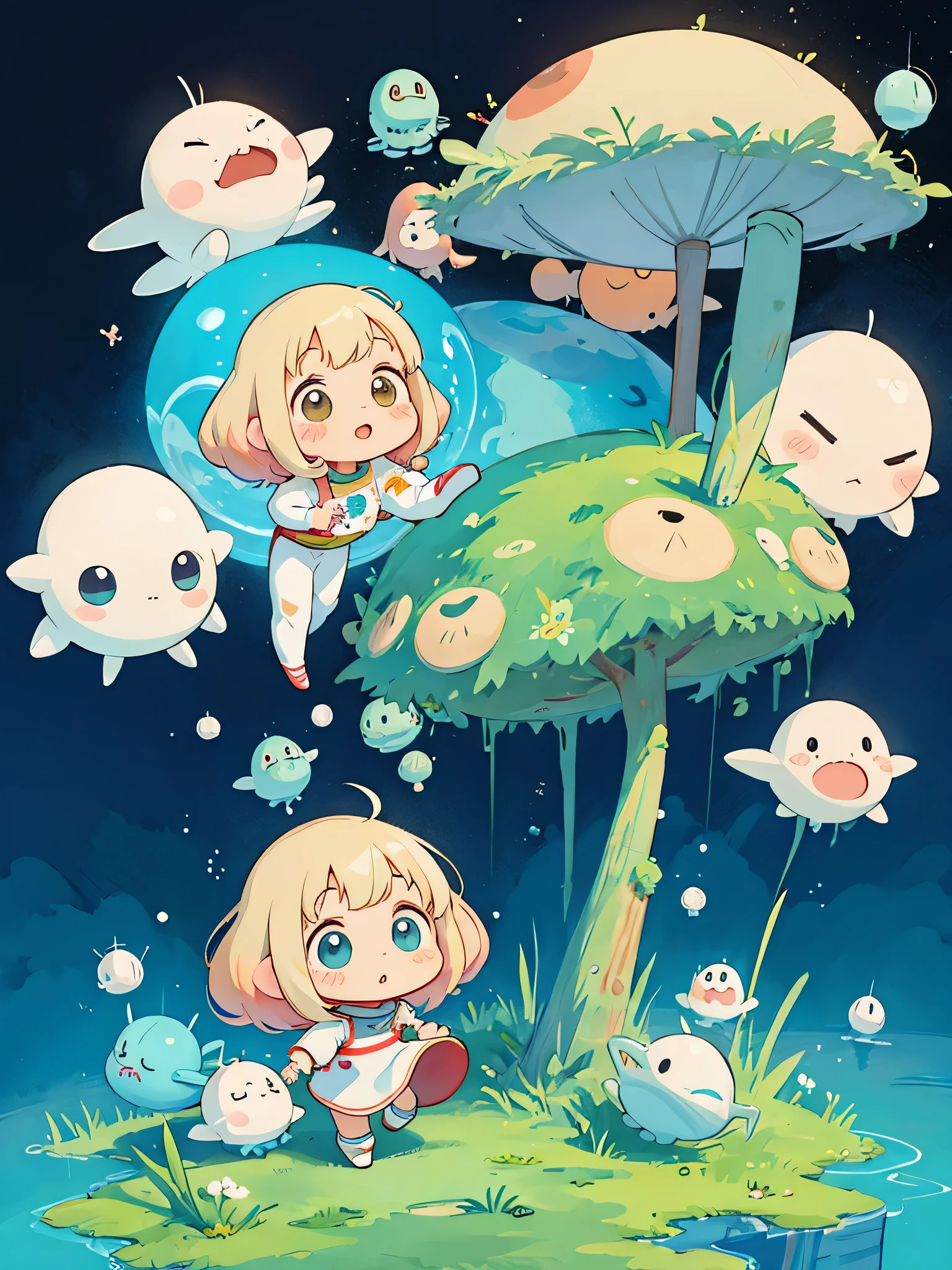 hayao miyazaki style, Kawaii Design, The most beautiful girl of all time、chibi, (((Cute Aliens))) , Mars exploration