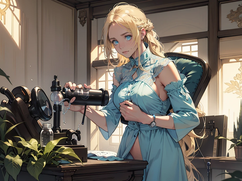 Photorealistic:1.5, Beautiful woman , extremely long hair , blonde hair , green eyes , (masterpiece:1.3), (best quality:1.3), high-resolution, watercolor pencil, Head-on angle, Body facing forward, (arms at sides:1.3), solo, blue eyes, beautiful detailed eyes, naked:1.5, no panties:1.5, pubic hair, concept art, shadow lighting, beautiful detailed glow, best illuminate, (((best quality, textile shading, ultra detailed))), extremely detailed CG unity 8k wallpaper, Highly Detailed beautiful and aesthetic, best light, high resolution, detailed, dynamic lighting, 1Character, pastel washed out colors , cell shade , soft, muted shades ,gentle colors , (breast pump machine:1.5)