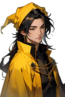 Handsome ,Roleplaying、Small eyes、Long Hair、Fantasy style clothing、Yellow clothes、Yellow Cape、Black Hair、A yellow bandana on his head、