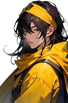 Handsome ,Roleplaying、Small eyes、Long Hair、Fantasy style clothing、Yellow clothes、Yellow Cape、Black Hair、A yellow bandana on his head、