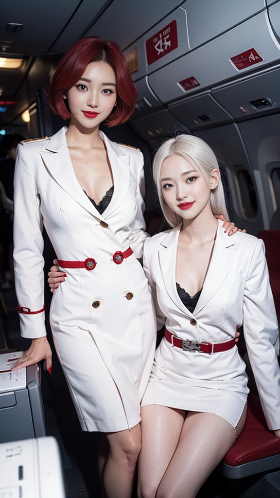 beautiful girl, Korean makeup, red lips, smile, platinum hair, thigh, Medium bust, Medium body, The girl was a flight attendant., Korean flight attendant uniforms, white dress, View inside the airplane cabin, 