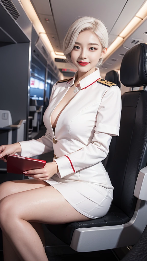 beautiful girl, Korean makeup, red lips, smile, platinum hair, thigh, Medium bust, Medium body, The girl was a flight attendant., Korean flight attendant uniforms, white dress, View inside the airplane cabin, 