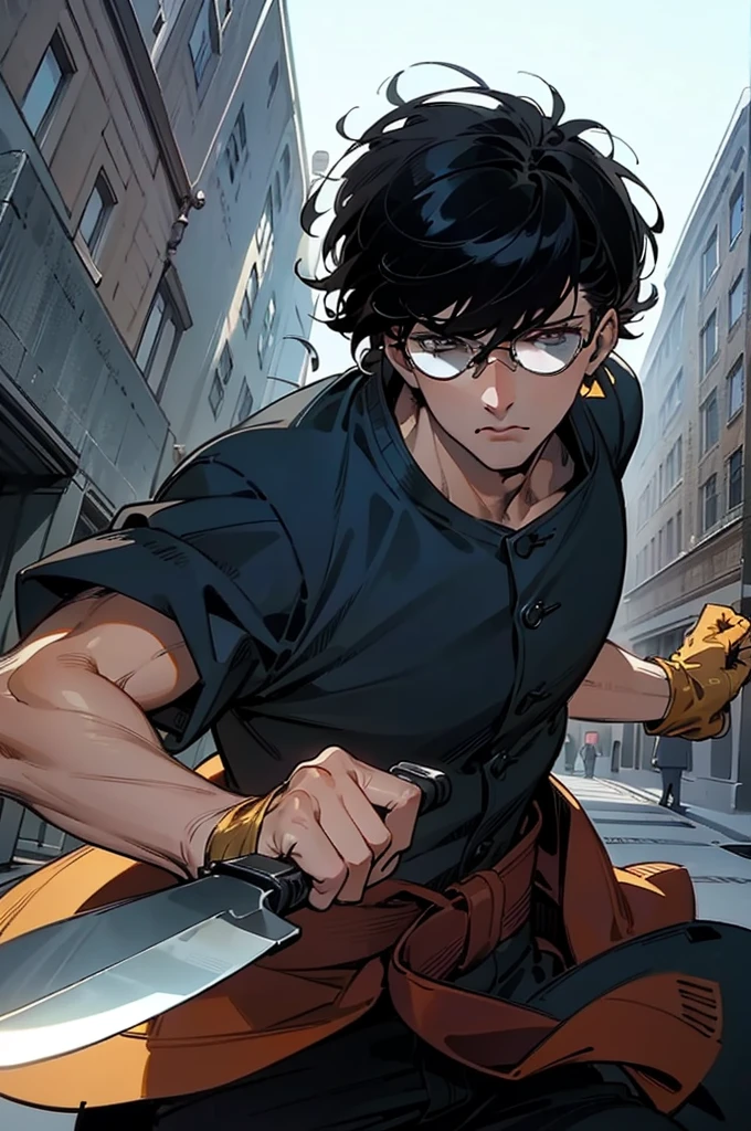 ((illustration)), (best quality)), ((masterpiece)), (detailed), ((front view)) comic, adult, male, dark hair, albertwesker, jacket, black gloves, coat, sunglasses, leather, upper body, shadowarmy, holding knife,