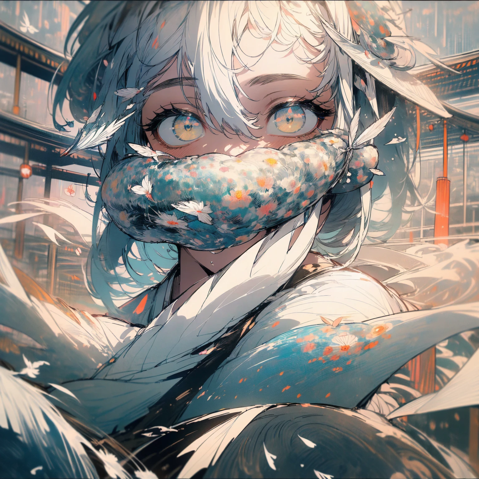 (((masterpiece))), (((Highest quality))), Highly detailed 8k wallpaper, (((sketch))), night, rain, Beautifully detailed skies, Beautiful and delicate water, alone, Angelic, 長いGray Hair, Gray Hair, White eyelashes, Beautiful Eyes, Yellow Eyes、Halo, Hair fluttering, Flower Hair Ornaments, White blindfold,(((Huge white wing strip、Japanese clothing、White kimono