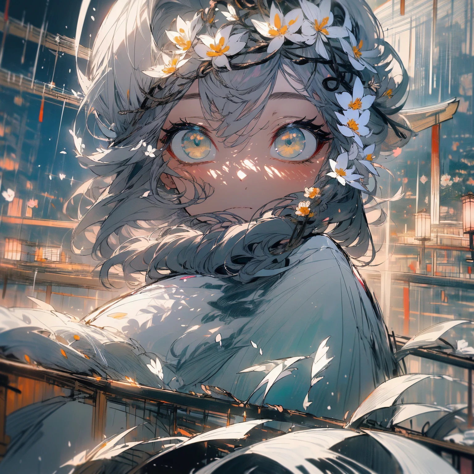 (((masterpiece))), (((Highest quality))), Highly detailed 8k wallpaper, (((sketch))), night, rain, Beautifully detailed skies, Beautiful and delicate water, alone,  Angelic, 長いGray Hair, Gray Hair, White eyelashes, Beautiful Eyes, Yellow Eyes、Halo,  Hair fluttering, Flower Hair Ornaments, White blindfold,(((Huge white wing strip、Japanese clothing、White kimono