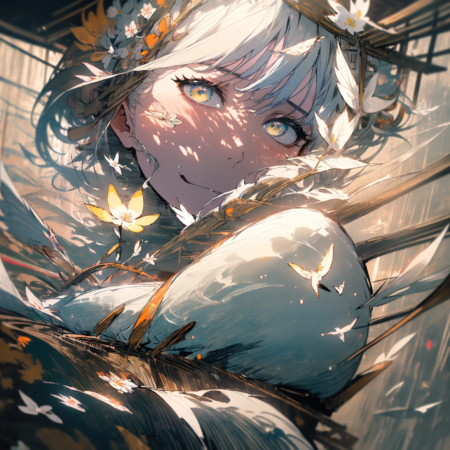 (((masterpiece))), (((Highest quality))), Highly detailed 8k wallpaper, (((sketch))), night, rain, Beautifully detailed skies, Beautiful and delicate water, alone, Angelic, 長いGray Hair, Gray Hair, White eyelashes, Beautiful Eyes, Yellow Eyes、Halo, Hair fluttering, Flower Hair Ornaments, White blindfold,(((Huge white wing strip、Japanese clothing、White kimono