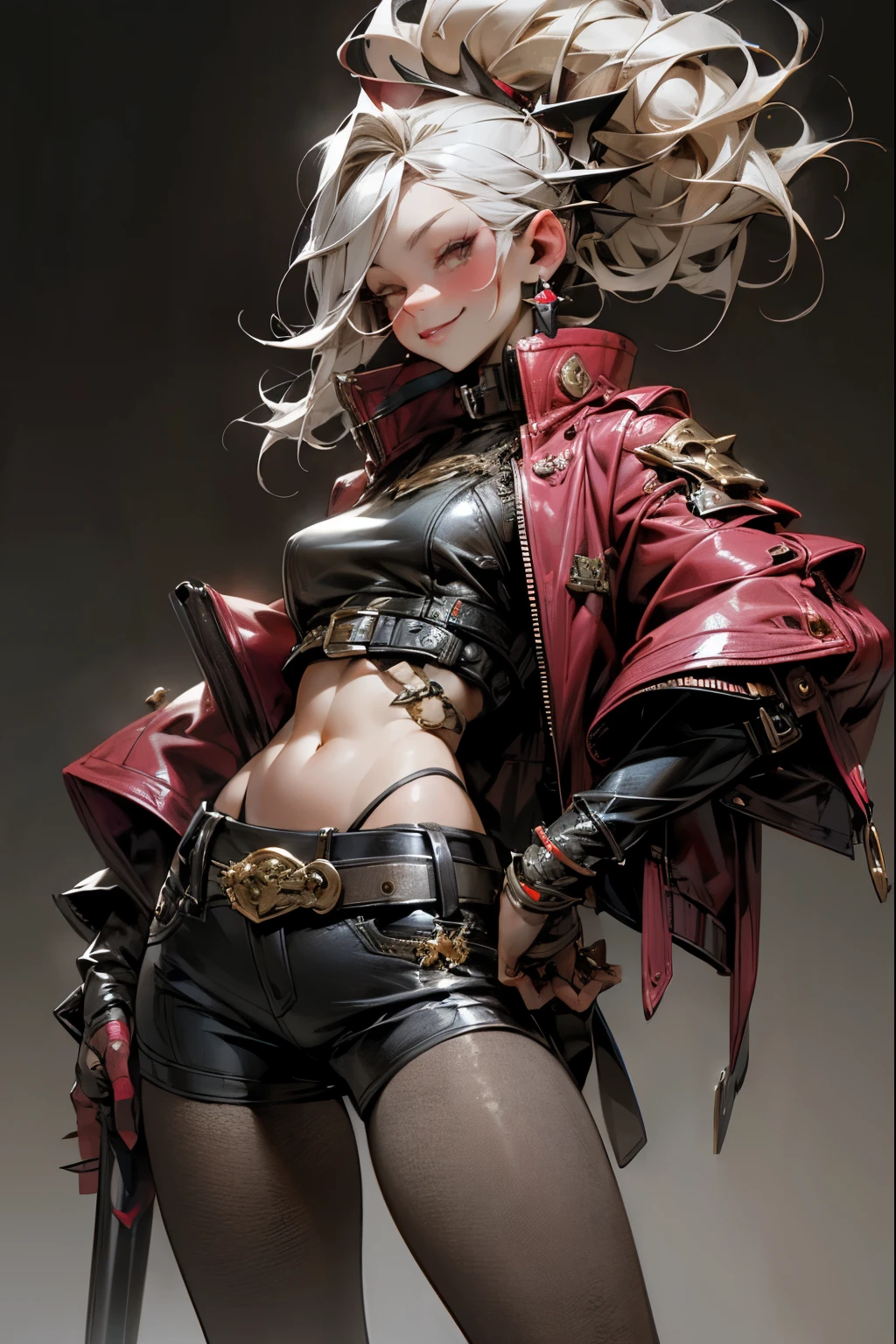 Highest quality, masterpiece, Ultra-high resolution, One Mature Woman,human,Wine red jacket,hot pants,Fishnet tights,Spikes,Carrying a baseball bat,Crazy smile,Chopper Bike,Earrings,Harlake Inn,Midriff look,Small breasts, silver hair,belt,Rugged buckle,Toned body