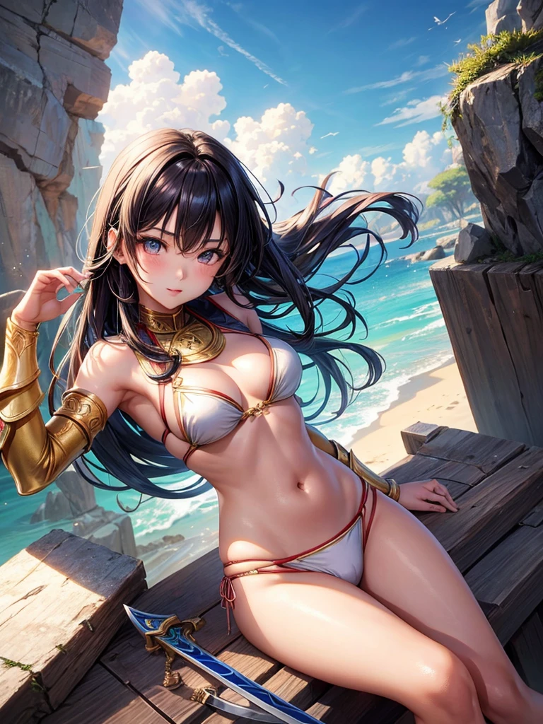 Beautiful Asian girl, 18 years old, light bikini knight girls, sexy lady, medium breasts, camel toe, long sword,