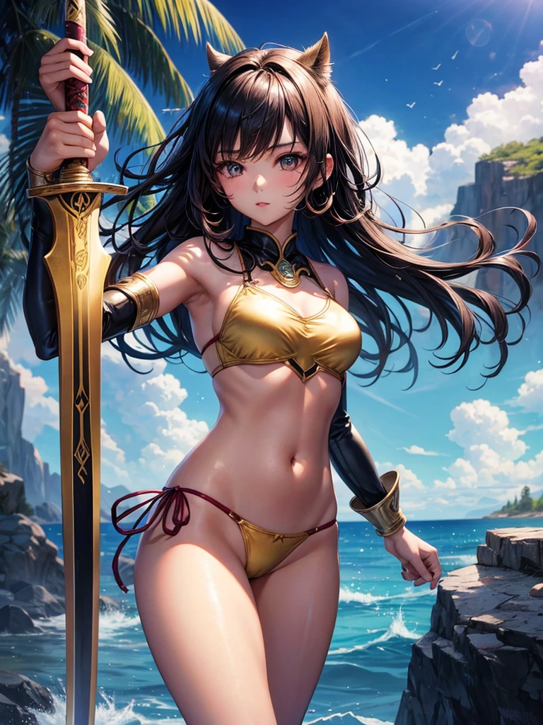 Beautiful Asian girl, 18 years old, light bikini knight girls, sexy lady, medium breasts, camel toe, long sword,