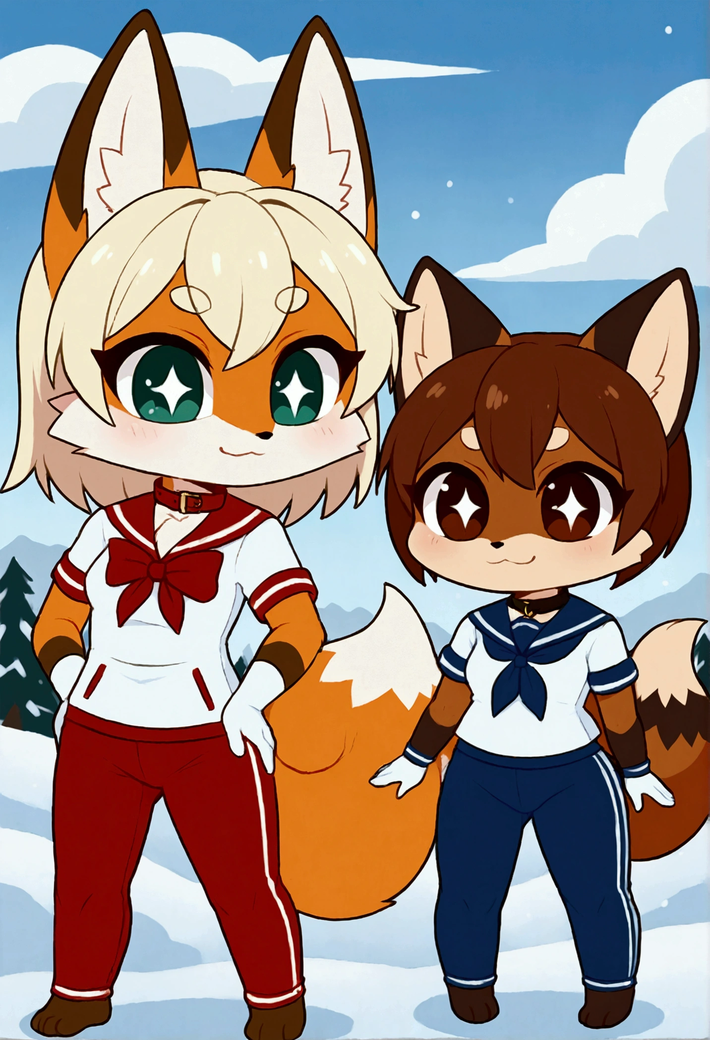 2girls, fox and tanuki, furry, bodyfur, tail, collar, sailor suit, short sleeves, jersey pants, long pants, white gloves, barefeet, chibi, sparkling eyes, full body, snow