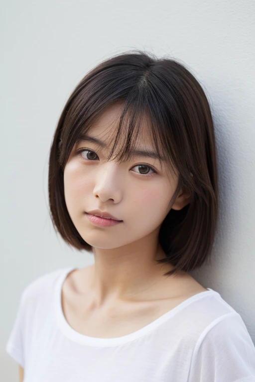 lens: 135mm f1.8,(Highest quality), (Beautiful 14 year old Japanese girl),  (Moisturized lips), Narrow eyes, double eyelid,Delicate clavicle,Flat Chest,Very short hair,
 (Let me me me&#39;Let me me&#39;Let me&#39;Let&#39;s take another look),  shame, A faint smile,
(In front of a white wall:1.2), Professional Lighting, 
(Japanese 、White T-shirt), (Sunburned skin:0.2),Full body photo、Full Body Focus