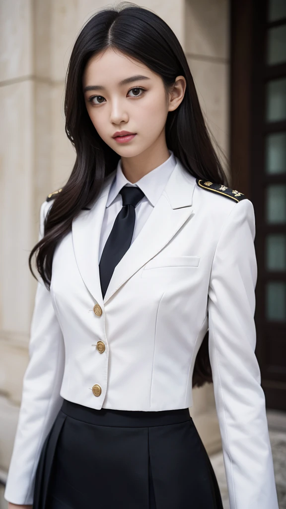 a portrait photo, beautiful face, All white outfit, military uniform, military rank insignia, business woman, beautiful woman, Wear a suit and tie, short skirt suit, business suitwhite, กระโปรงดินสอสั้นwhite, business suitรัดรูป, All white outfit, Emphasize the curves of the body, (Beautiful girl with two meter long hair, my hair is very long., extra long hair, black hair), business suit, (Italian style suit, two button suit), (Italian suit, white สูท, Set of two buttons), (wearing a women's suit, Business Women Suit, white), (สูทผู้หญิงwhite), (เสื้อเชิ้ตwhite), necktie, (necktieสั้นสีดำ, necktieสีดำ, necktieผอม, ถักnecktie), (military rank insignia), (Short pencil skirtwhite), (Dynamic posts), full body, (A gigantic rift), (big breasts, thin body, small waist, hips raised, small thighs, Long legs), high-heelsสีดำ, (Short pencil skirt, white), Wearing a suit for a business woman, (Wearing a white businesสูท, business suitหญิงwhite), (tight, military regalia, เสื้อwhite, กระโปรงwhite), Long legs, (black shoes), (Form fitting suit, เสื้อสูทwhiteทรงธรรมดารัดรูป), (black shoes, high-heels), (stand, walk, elegant gesture, Dynamic posts), short dress, earring, Slick legs, black shoes, Modeling,
