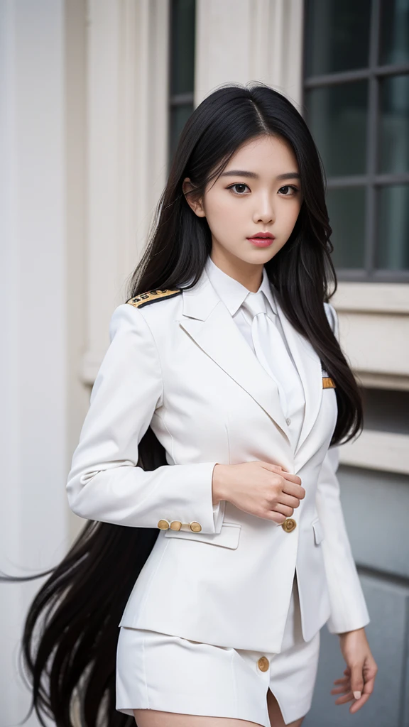 a portrait photo, beautiful face, All white outfit, military uniform, military rank insignia, business woman, beautiful woman, Wear a suit and tie, short skirt suit, business suitwhite, กระโปรงดินสอสั้นwhite, business suitรัดรูป, All white outfit, Emphasize the curves of the body, (Beautiful girl with two meter long hair, my hair is very long., extra long hair, black hair), business suit, (Italian style suit, two button suit), (Italian suit, white สูท, Set of two buttons), (wearing a women's suit, Business Women Suit, white), (สูทผู้หญิงwhite), (เสื้อเชิ้ตwhite), necktie, (necktieสั้นสีดำ, necktieสีดำ, necktieผอม, ถักnecktie), (military rank insignia), (Short pencil skirtwhite), (Dynamic posts), full body, (A gigantic rift), (big breasts, thin body, small waist, hips raised, small thighs, Long legs), high-heelsสีดำ, (Short pencil skirt, white), Wearing a suit for a business woman, (Wearing a white businesสูท, business suitหญิงwhite), (tight, military regalia, เสื้อwhite, กระโปรงwhite), Long legs, (black shoes), (Form fitting suit, เสื้อสูทwhiteทรงธรรมดารัดรูป), (black shoes, high-heels), (stand, walk, elegant gesture, Dynamic posts), short dress, earring, Slick legs, black shoes, Modeling,
