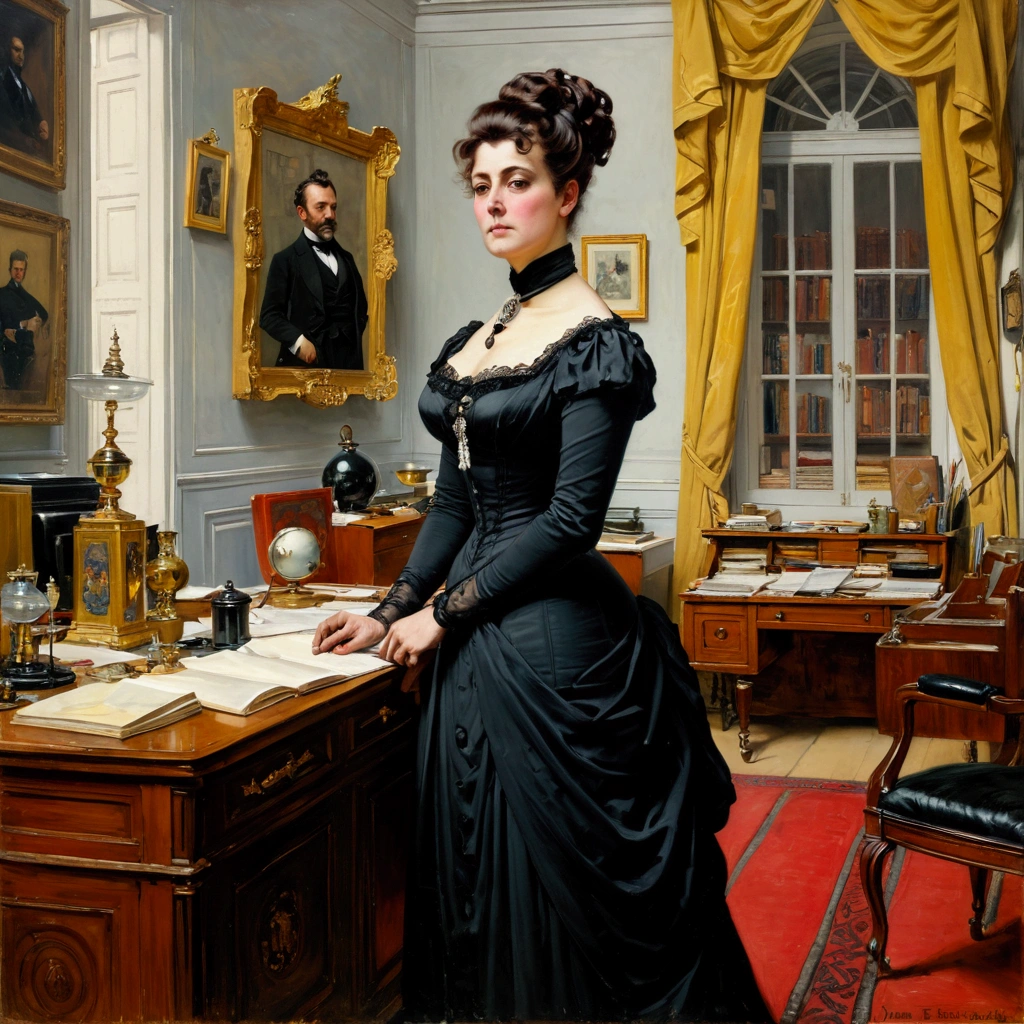 Full-length view, a tall, buxom, full-figured, pretty Victorian widow in a black dress and opulent updo hairstyle, standing in a Victorian office looking strict, by Jean Béraud, inspired by Jean Béraud, inspired by Édouard Detaille, edouard leon cortes, inspired by Ivan Kramskoi, inspired by Jean-Louis-Ernest Meissonier, by Édouard Detaille, inspired by Paul Émile Chabas