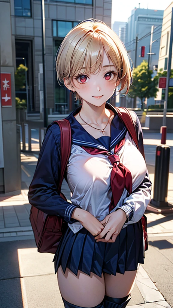(masterpiece:1.2, Highest quality), (Realistic, photoRealistic:1.4), Beautiful illustrations, (Natural Side Lighting, Cinema Lighting), Browsing Caution, 
View your viewers, Cowboy Shot, Front view:0.6, 1 girl, Japanese, high school girl, Perfect Face, Cute and symmetrical face, Glowing Skin, 
(short hair:1.5, Pixie Cut:1.4, Blonde), Pin your bangs back, Red eyes, Long eyelashes, (Large Breasts:0.6, Captivating thighs), 
Beautiful Hair, Beautiful Face, Beautiful attention to detail, Beautiful clavicle, Beautiful body, Beautiful breasts, Beautiful thighs, Beautiful feet, Beautiful fingers, 
(((Long sleeve), Navy sailor suit, Navy Pleated Skirt, Navy sailor collar, Red Sailor Scarf, Thigh-high socks, short boots), school bag, Cross Necklace), 
(Beautiful views), summer, evening, (Cityscape), walk, (Cute smile, Upward glance, Open your mouth), 