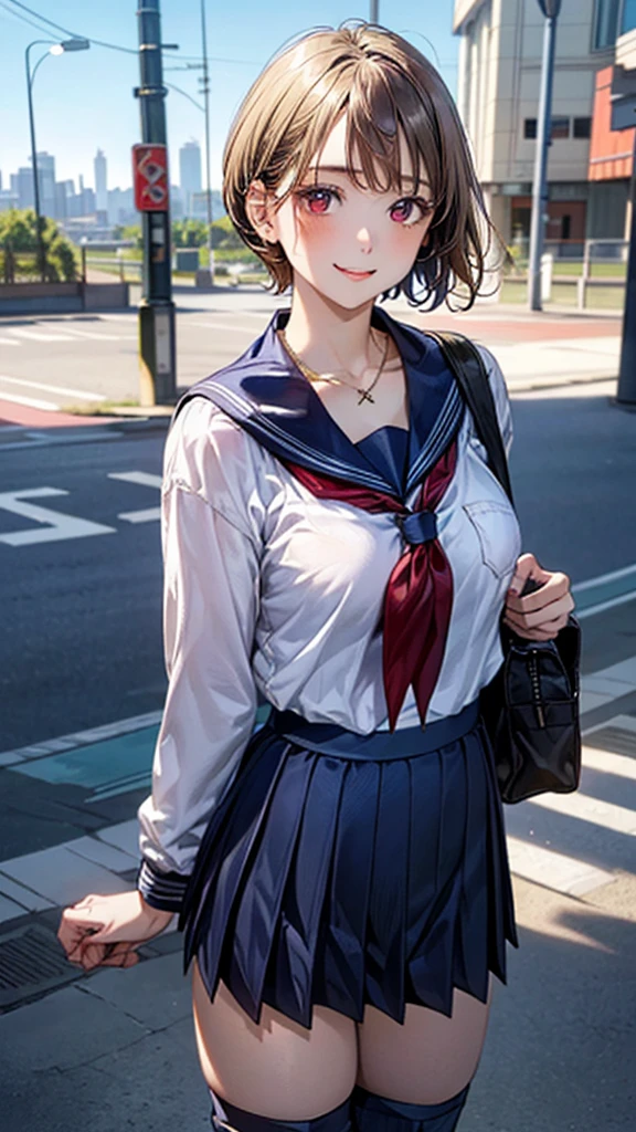 (masterpiece:1.2, Highest quality), (Realistic, photoRealistic:1.4), Beautiful illustrations, (Natural Side Lighting, Cinema Lighting), Browsing Caution,
View your viewers, Cowboy Shot, Front view:0.6, 1 girl, Japanese, high school girl, Perfect Face, Cute and symmetrical face, Glowing Skin,
(short hair:1.5, Pixie Cut:1.4, Blonde), Pin your bangs back, Red eyes, Long eyelashes, (Large Breasts:0.6, Captivating thighs),
Beautiful Hair, Beautiful Face, Beautiful attention to detail, Beautiful clavicle, Beautiful body, Beautiful breasts, Beautiful thighs, Beautiful feet, Beautiful fingers,
(((Long sleeve), Navy sailor suit, Navy Pleated Skirt, Navy sailor collar, Red Sailor Scarf, Thigh-high socks, short boots), school bag, Cross Necklace),
(Beautiful views), summer, evening, (Cityscape), walk, (Cute smile, Upward glance, Open your mouth),