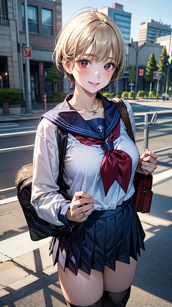 (masterpiece:1.2, Highest quality), (Realistic, photoRealistic:1.4), Beautiful illustrations, (Natural Side Lighting, Cinema Lighting), Browsing Caution,
View your viewers, Cowboy Shot, Front view:0.6, 1 girl, Japanese, high school girl, Perfect Face, Cute and symmetrical face, Glowing Skin,
(short hair:1.5, Pixie Cut:1.4, Blonde), Pin your bangs back, Red eyes, Long eyelashes, (Large Breasts:0.6, Captivating thighs),
Beautiful Hair, Beautiful Face, Beautiful attention to detail, Beautiful clavicle, Beautiful body, Beautiful breasts, Beautiful thighs, Beautiful feet, Beautiful fingers,
(((Long sleeve), Navy sailor suit, Navy Pleated Skirt, Navy sailor collar, Red Sailor Scarf, Thigh-high socks, short boots), school bag, Cross Necklace),
(Beautiful views), summer, evening, (Cityscape), walk, (Cute smile, Upward glance, Open your mouth),
